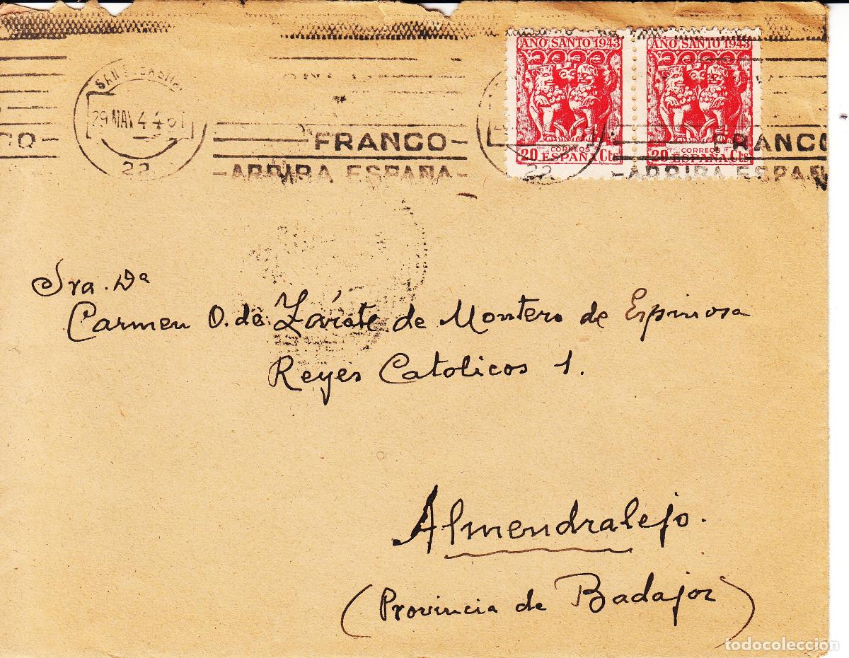 Briefmarken: CRCAR226 SOBRE DE SAN SEBASTIAN A ALMENDRALEJO CON 2 SELLOS DEL N&ordm; 964. MATASELLO RODILLO 29-05-44