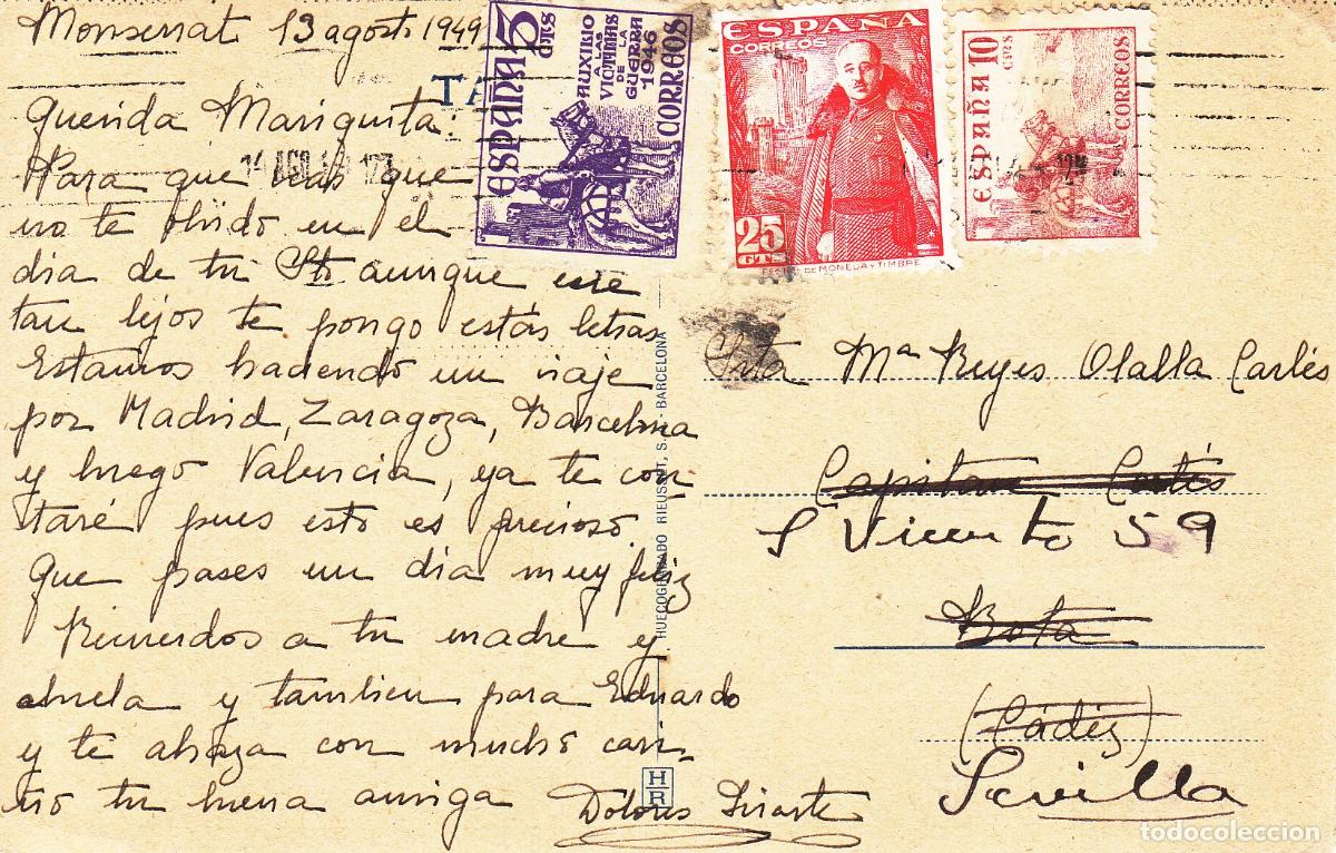 Briefmarken: CRCAR229 TARJETA POSTAL DE MONTSERRAT A CADIZ. REEXPEDIDA A SEVILLA EL 17-08-49 SELLOS N&ordm; 1024,