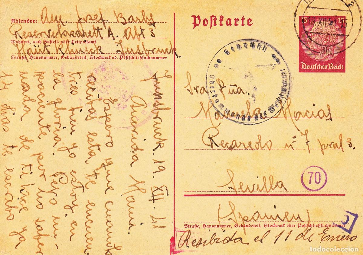 Timbres: CRCAR252 ENTERO POSTAL CIRCULADO ALEMAN DE INSBRUCK A SEVILLA EL 19-12-41. MARCA ALEMANA EN AZUL.