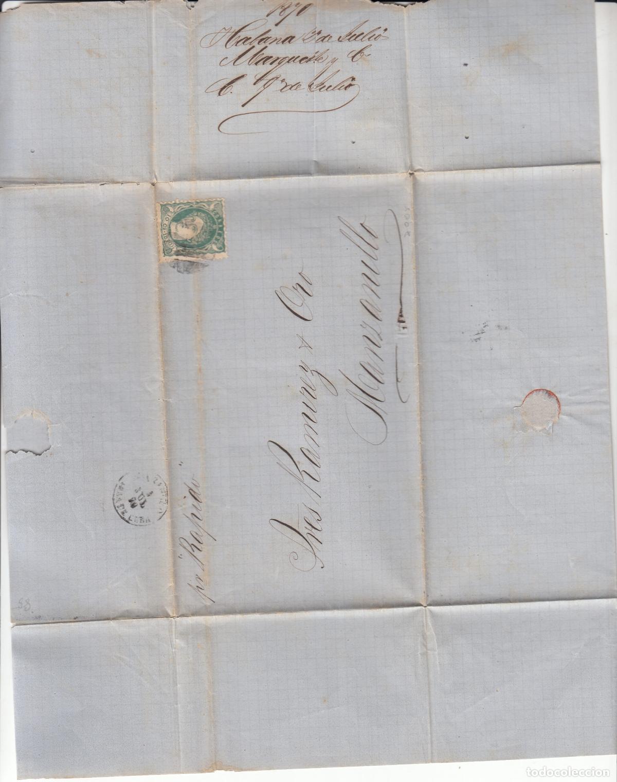 Sellos: CRCAR259 CARTA COMPLETA DE LA HABANA A MANZANILLA (HUELVA) CON SELLO N&ordm; 19 DE ANTILLAS. MATASELLO