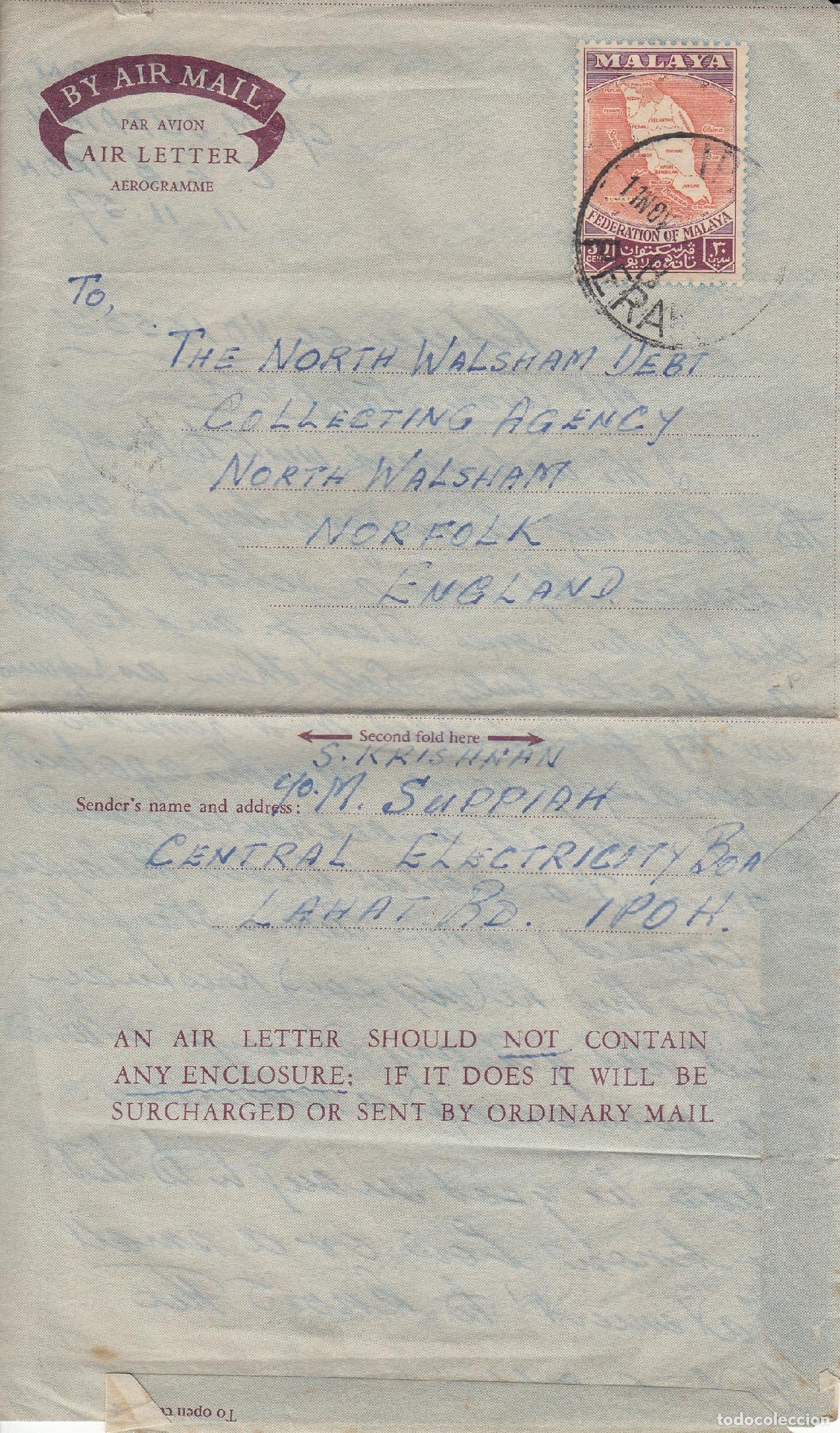 Sellos: CRCAR333 AEROGRAMA DE LA FEDERACION MALAYA SELLO N&ordm; 4 DE 1957