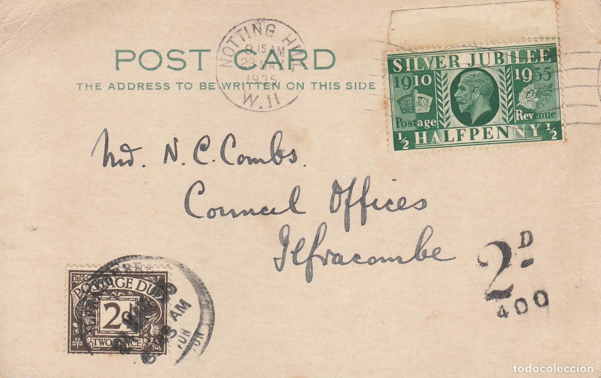 Sellos: CRCAR335 TARJETA POSTAL CON SELLO 453 Y OTRO DE TAXA RODILLO 23-05-1935 MARCA 2D EN NEGRO
