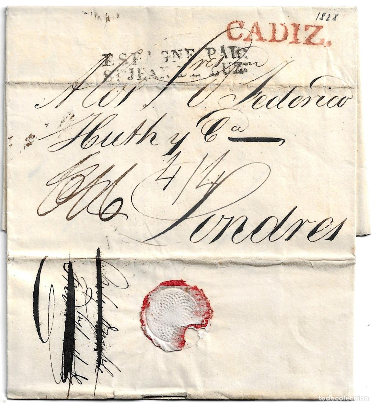 Sellos: 1828. Carta de C&aacute;diz a Londres. Porte rectificado &rdquo;6/6&rdquo; a &rdquo;4/4&rdquo;.