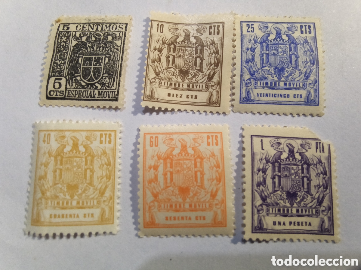 Sellos: 6 sellos timbre m&oacute;vil. A&ntilde;os 1936-1949