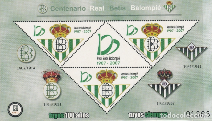 Sellos: HOJA RECUERDO DEL CENTENARIO DEL REAL BETIS CLUB DE FUTBOL.