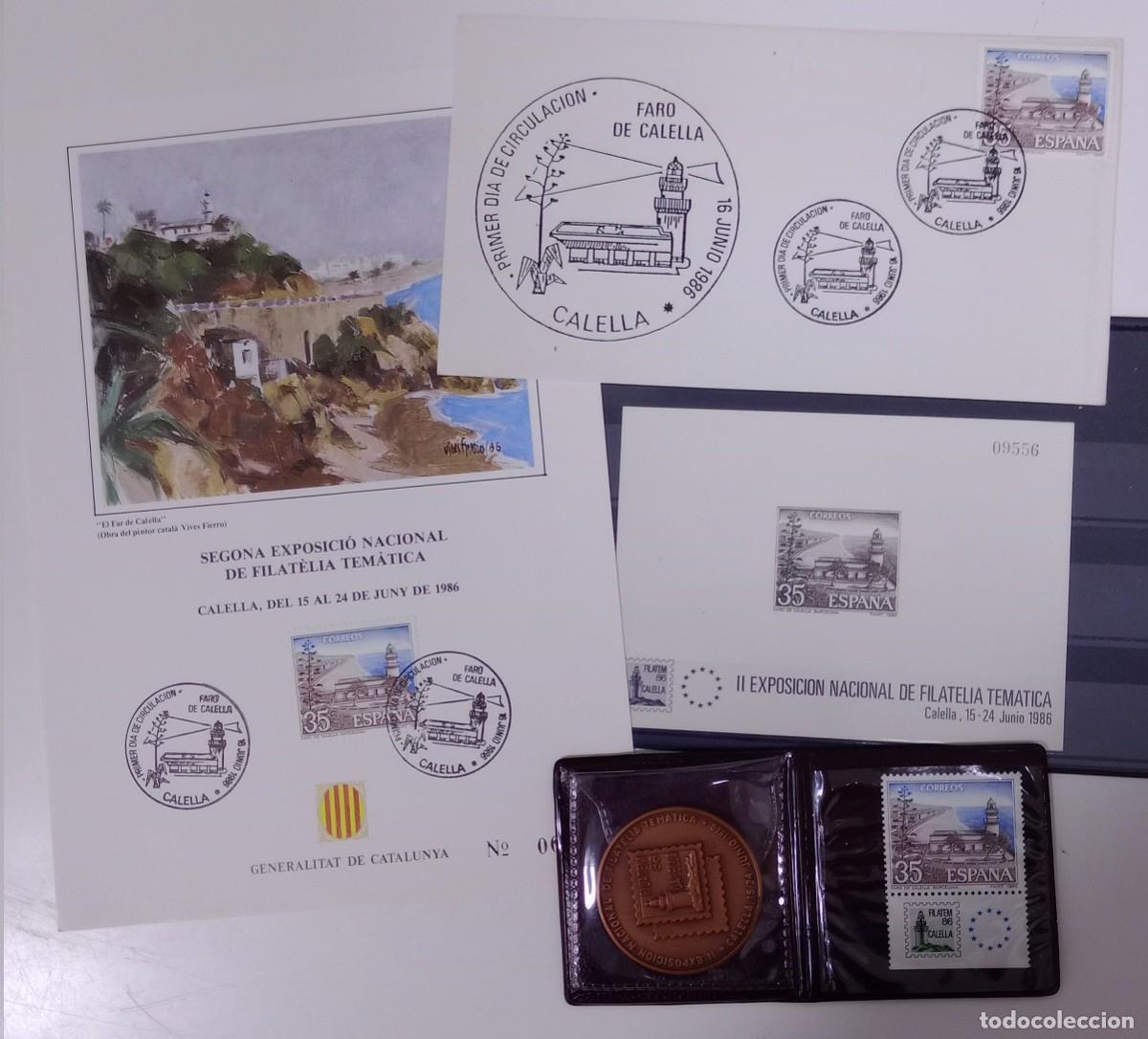 Briefmarken: Prueba de lujo 9 Faro de Calella 1986, Filatem 86 + Medalla + Sello con bandeleta + Documentos