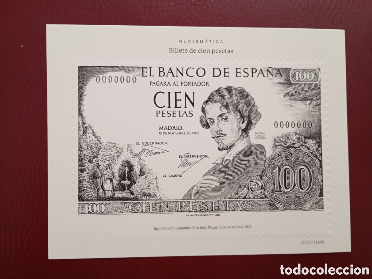 Sellos: ESPA&Ntilde;A 2023 - PRUEBA A PLUMILLA DEL LIBRO VALORES EN EL TIEMPO - NUMISM&Aacute;TICA BILLETE DE CIEN PESETAS