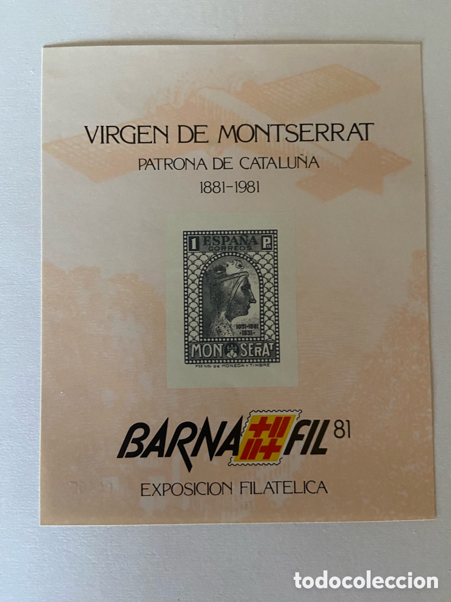 Sellos: Hoja recuerdo 104 Expo filatelica Barnafil 81. SIN DENTAR Virgen de Montserrat. Tema Mariano
