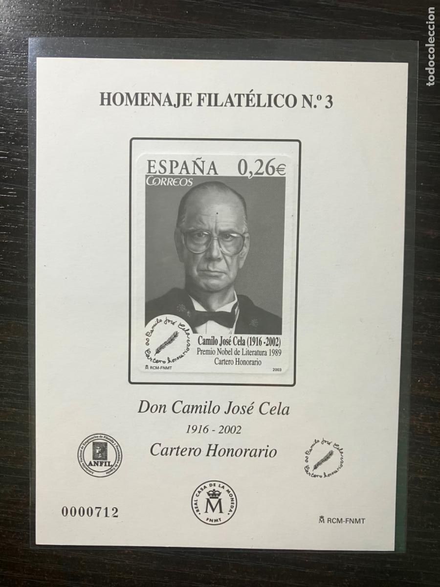 Sellos: Prueba Filat&eacute;lica - Homenaje Filat&eacute;lico n&ordm; 3 - ANFIL FNMT - Camilo Jos&eacute; Cela - Cartero Honorario