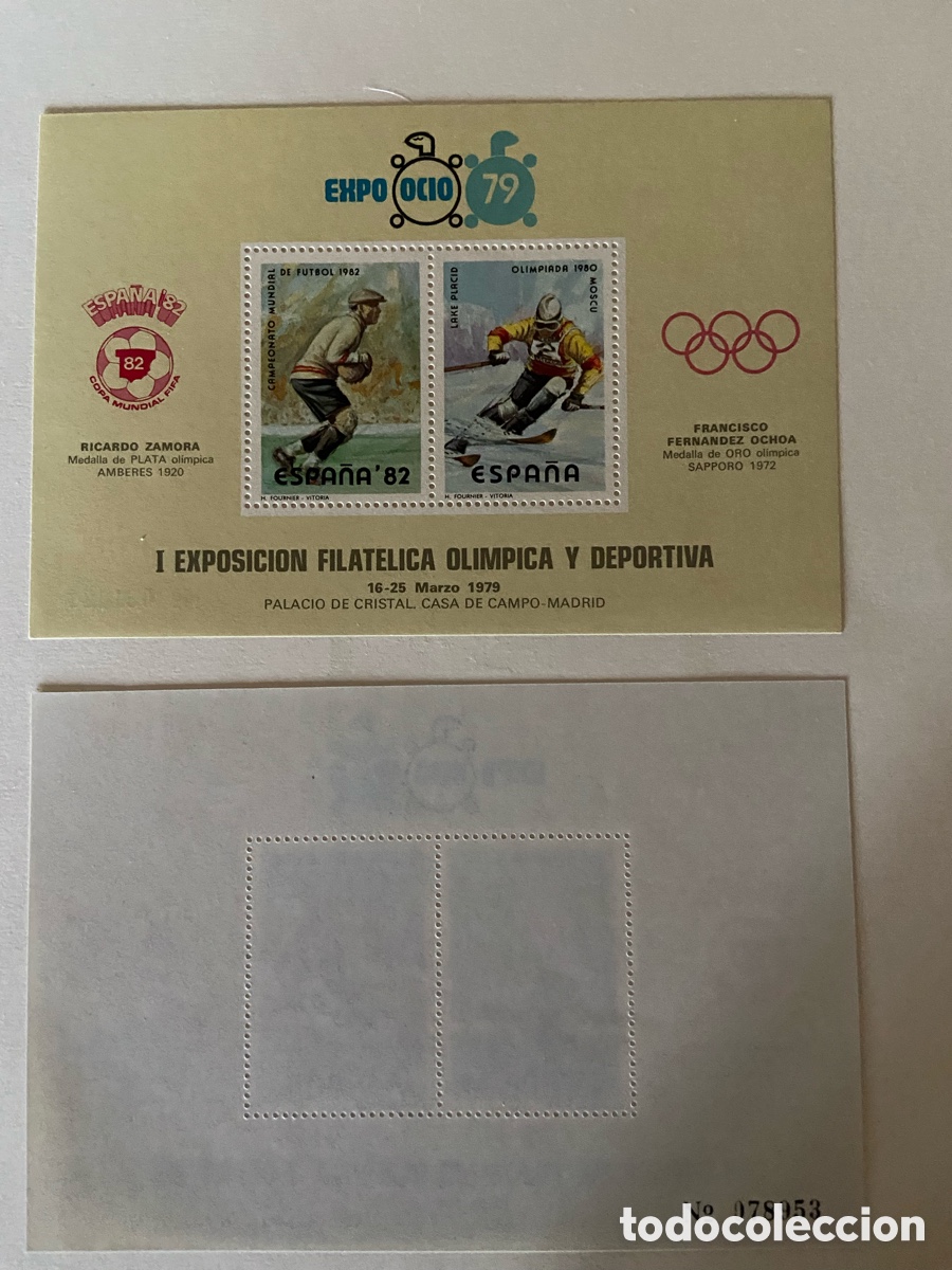 Sellos: Hoja recuerdo Expo Ocio 79. I EXPO FIL OL&Iacute;MPICA Y DEPORTIVA. F&Uacute;TBOL Y ESQU&Iacute;.