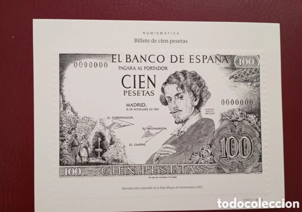 Sellos: ESPA&Ntilde;A 2023 - PRUEBA A PLUMILLA DEL LIBRO VALORES EN EL TIEMPO - NUMISM&Aacute;TICA BILLETE DE CIEN PESETAS