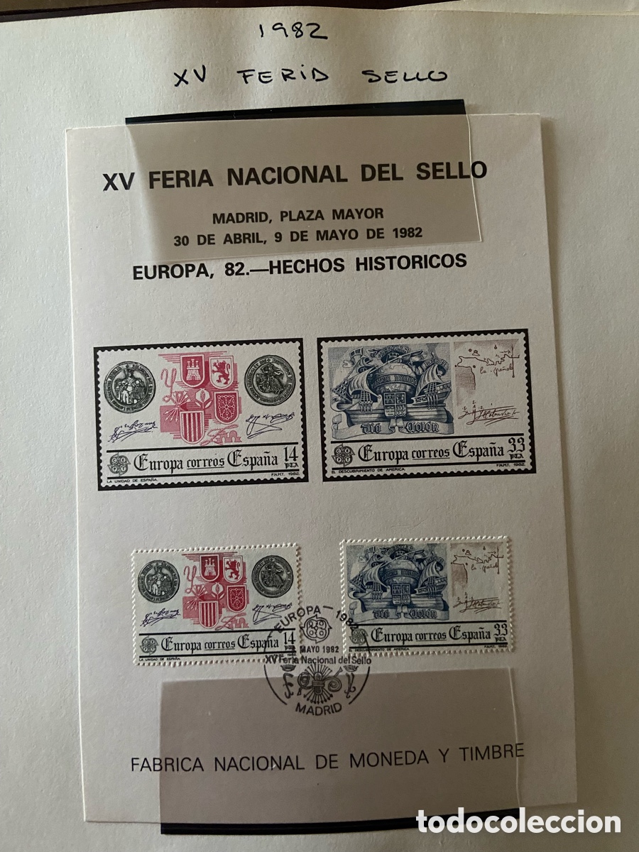 Sellos: 2 HOJAS RECUERDO. XV FERIA NACIONAL DEL SELLO. 1982. EUROPA' 82. HECHOS HIST&Oacute;RICOS. COL&Oacute;N