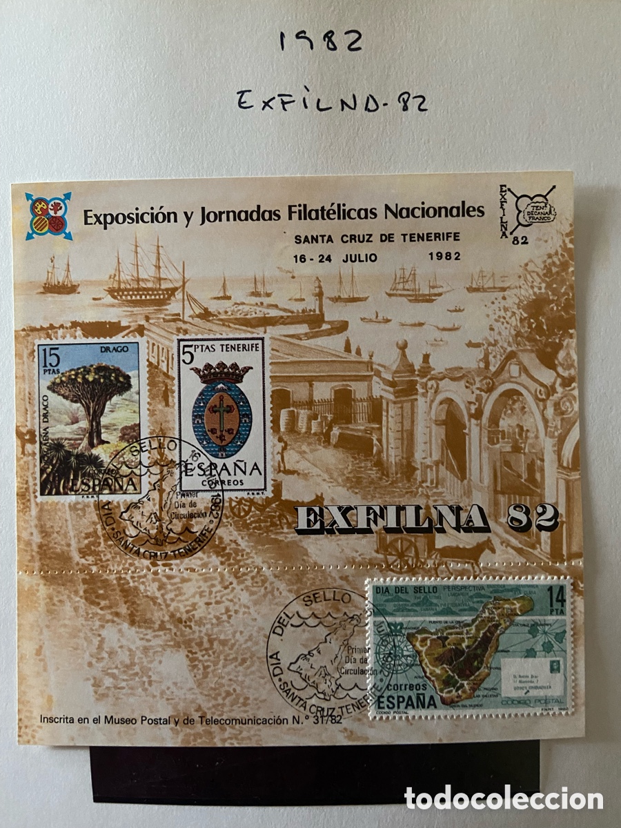 Sellos: JUEGO 2 HOJAS RECUERDO EXFILNA 82. TENERIFE. PRIMER D&Iacute;A.