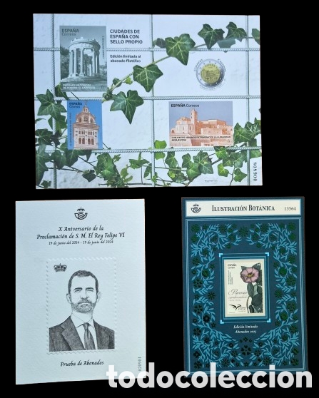 Sellos: ESPA&Ntilde;A. Sellos 3 Pruebas de Lujo. FNMT. 2023 CIUDADES, 2024 FELIPE VI y 2025 BOTANICA