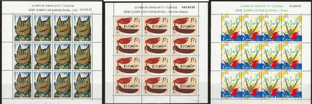 Sellos: Sellos Espa&ntilde;a A&ntilde;o 1992 minipliego n&ordm;43/45 Barcelona 92 Cobi, Antorcha y Victoria valor catalogo 21&euro;
