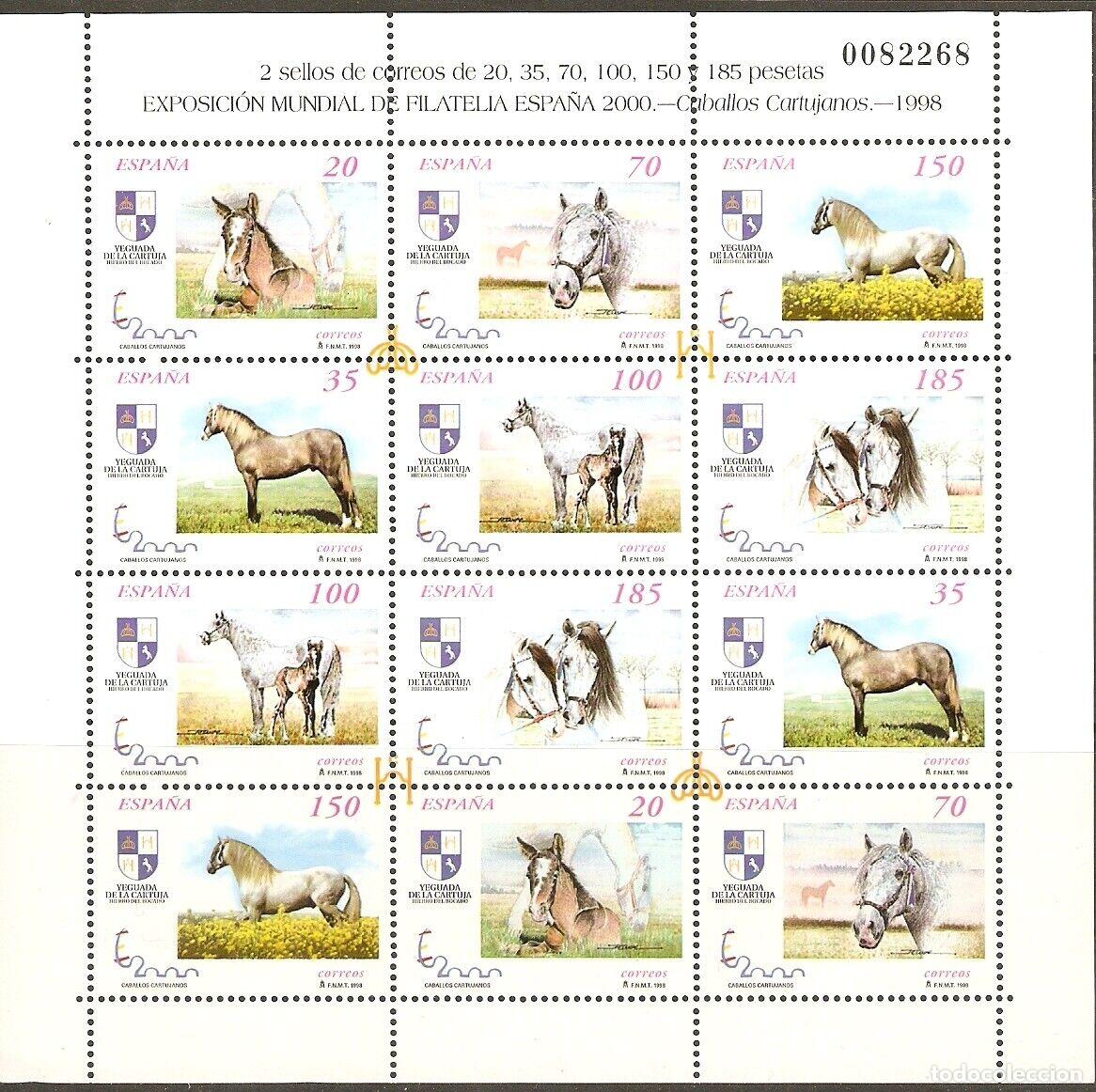 Briefmarken: Sellos Espa&ntilde;a A&ntilde;o 1998 minipliego n&ordm;62 Expo Espa&ntilde;a 2000 caballos cartujanos valor catalogo 34&euro;