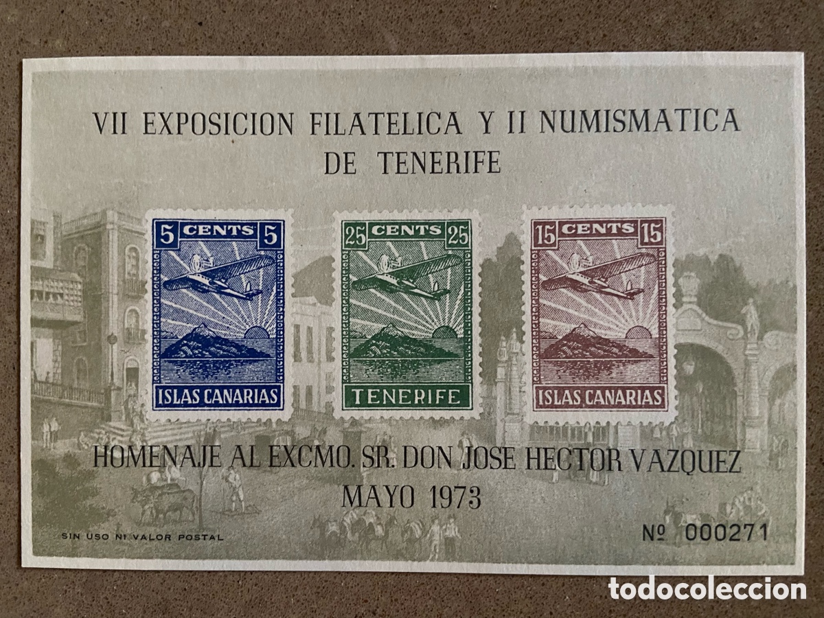 Sellos: HOJA RECUERDO VII EXPOSICI&Oacute;N FILAT&Eacute;LICA Y NUMISMATICA TENERIFE 1973. TEMA AVIACION. HECTOR VASQUEZ.