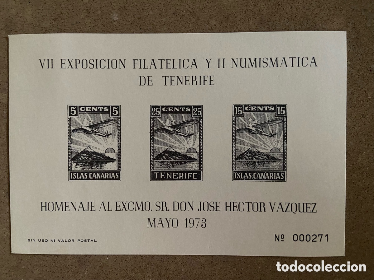Sellos: PRUEBA EN NEGRO VII EXPOSICI&Oacute;N FILAT&Eacute;LICA-NUMISMATICA TENERIFE 1973. TEMA AVIACION. HECTOR VAZQUEZ.