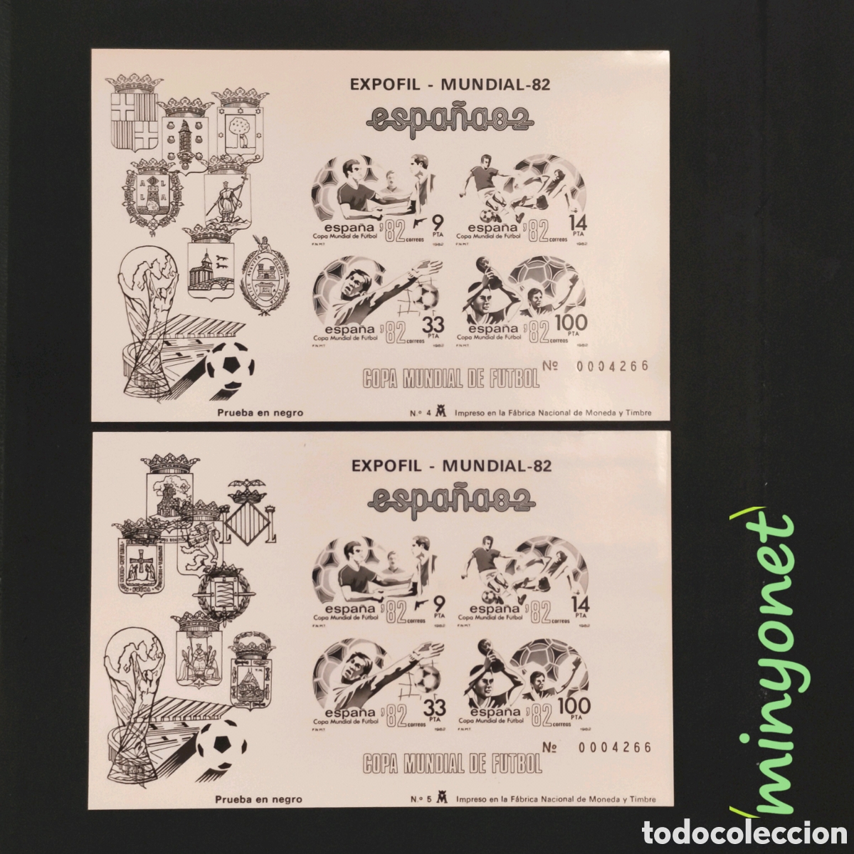 Timbres: Pruebas en negro 4 y 5 - Expofil Mundial F&uacute;tbol 82 misma numeraci&oacute;n