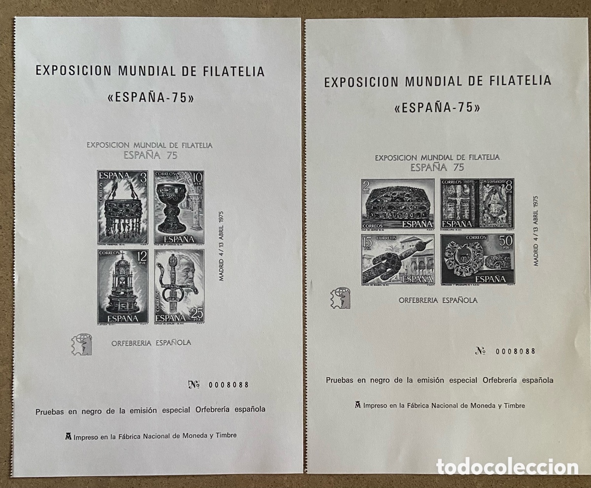 Sellos: ESPA&Ntilde;A, 1975. EXPOSICI&Oacute;N MUNDIAL FILATELIA. ESPA&Ntilde;A&rsquo;75. PRUEBAS EN NEGRO 1 y 2