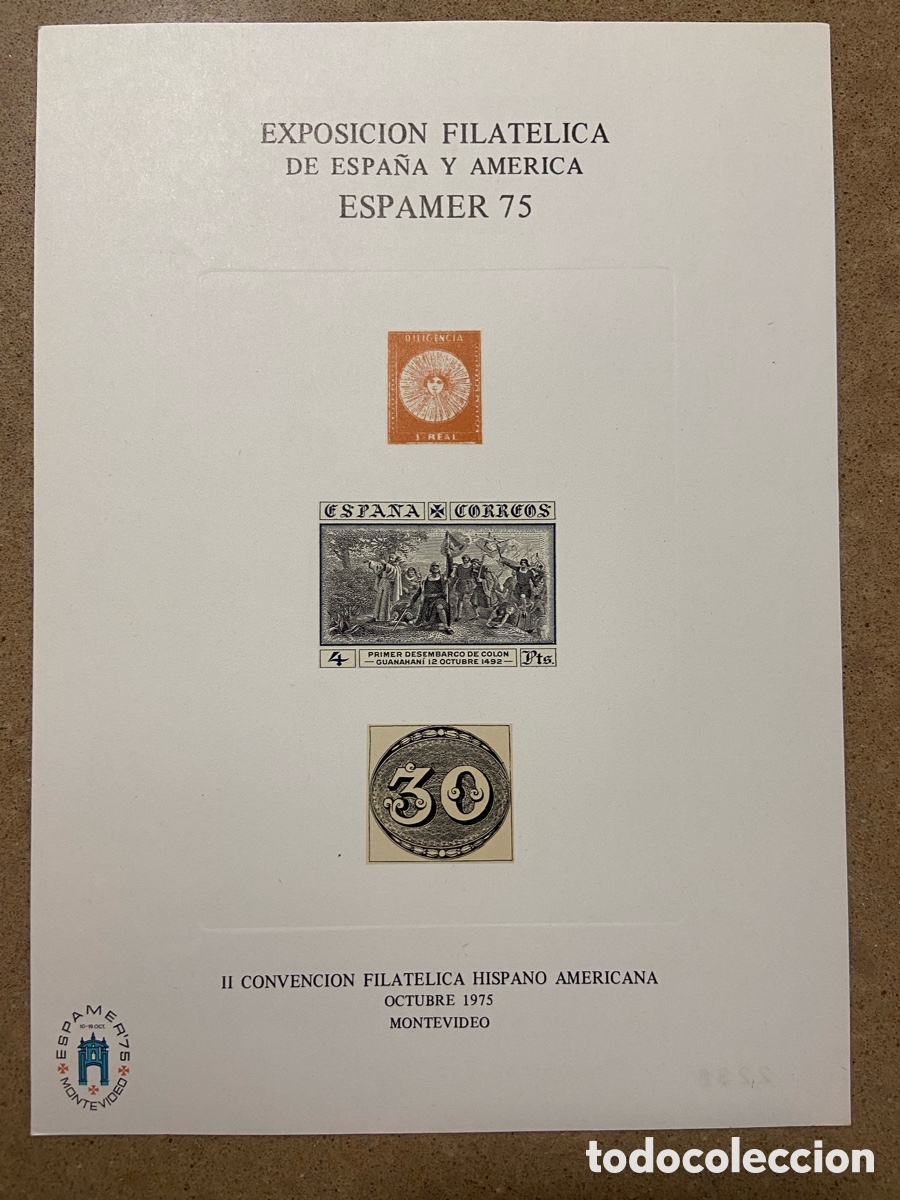 Sellos: HOJA RECUERDO EXPOSICION FILATELICA DE ESPA&Ntilde;A Y AMERICA ESPAMER 75. TEMA COL&Oacute;N.