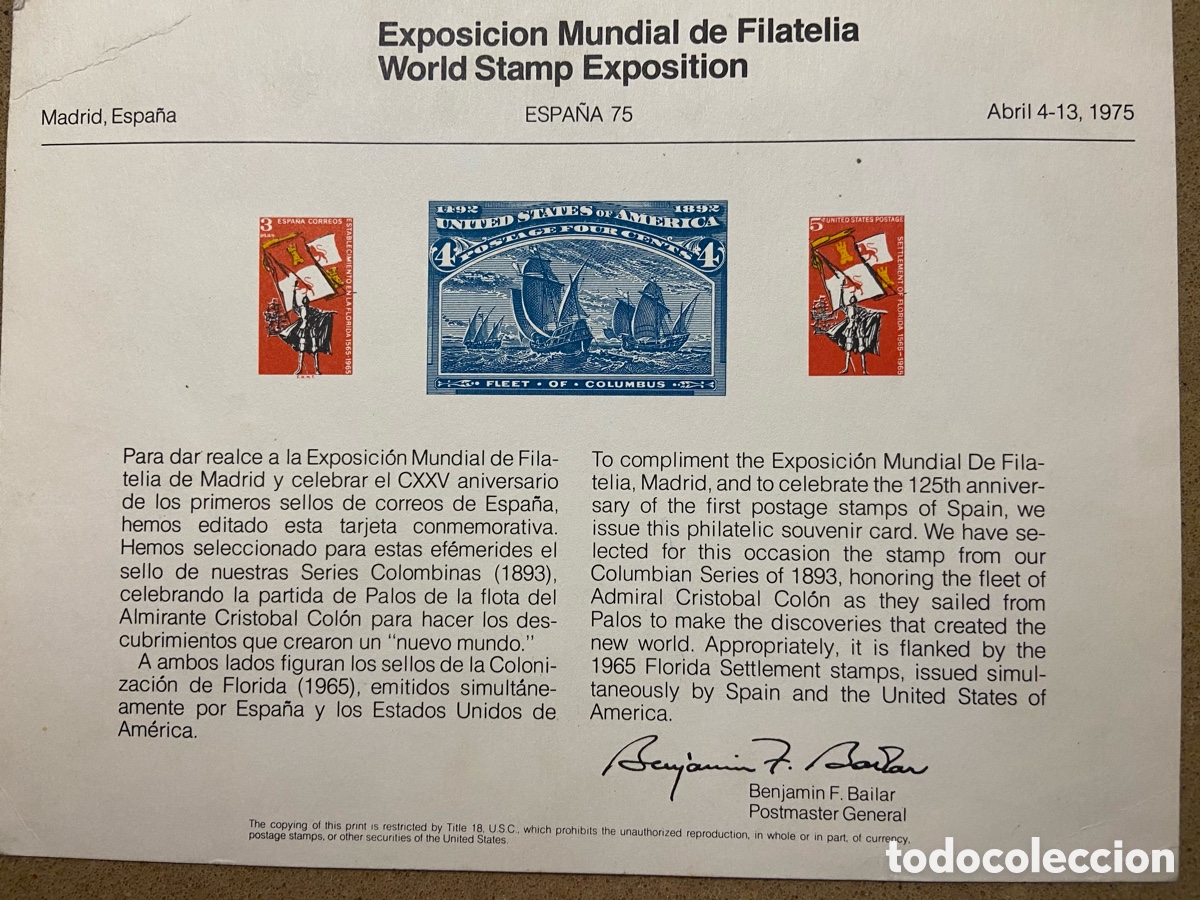 Sellos: HOJA RECUERDO ESPA&Ntilde;A 75 Y EEUU. TEMA COL&Oacute;N