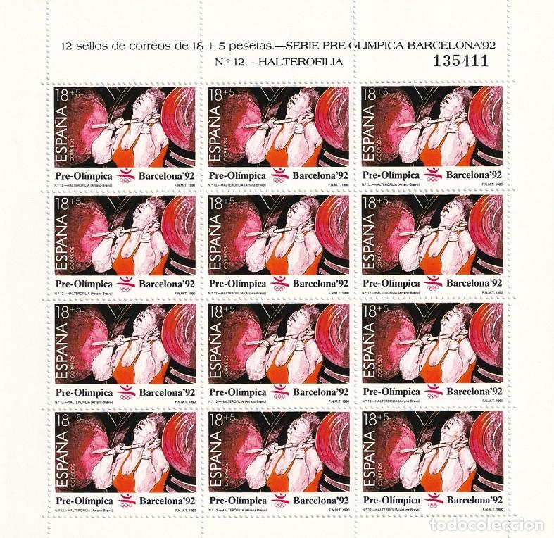 Sellos: Edifil MP 10 - Minipliego completo 12 sellos - Serie pre-ol&iacute;mpica Barcelona 92 - N&ordm; 12 Halterofilia