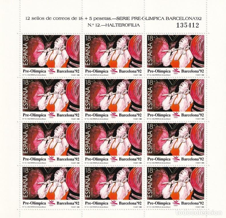 Sellos: Edifil MP 10 - Minipliego completo 12 sellos - Serie pre-ol&iacute;mpica Barcelona 92 - N&ordm; 12 Halterofilia