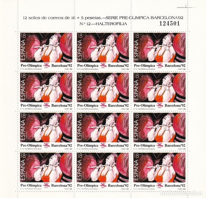 Sellos: Edifil MP 10 - Minipliego completo 12 sellos - Serie pre-ol&iacute;mpica Barcelona 92 - N&ordm; 12 Halterofilia