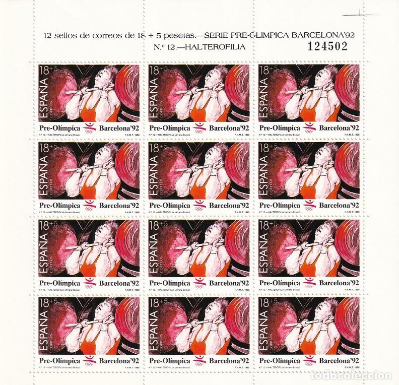 Sellos: Edifil MP 10 - Minipliego completo 12 sellos - Serie pre-ol&iacute;mpica Barcelona 92 - N&ordm; 12 Halterofilia