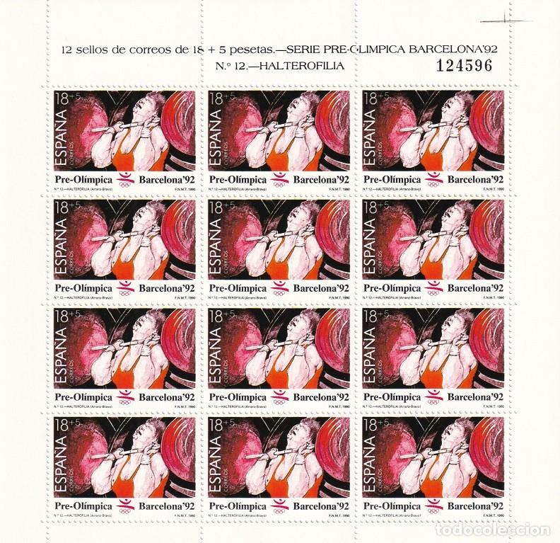 Sellos: Edifil MP 10 - Minipliego completo 12 sellos - Serie pre-ol&iacute;mpica Barcelona 92 - N&ordm; 12 Halterofilia
