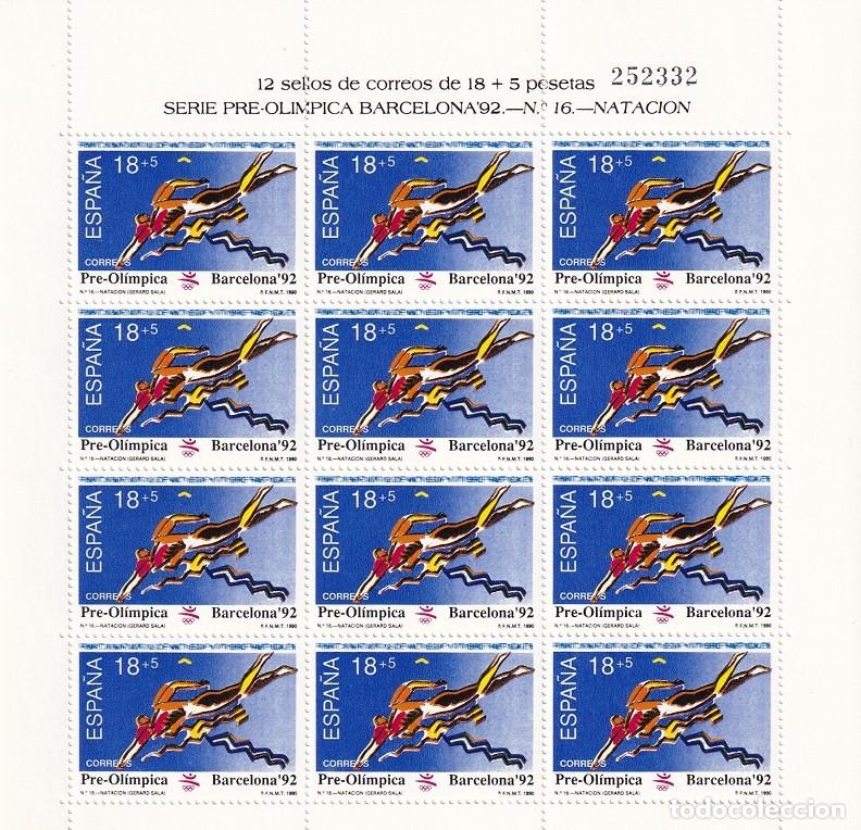 Sellos: Edifil MP 18 - Minipliego completo 12 sellos - Serie pre-ol&iacute;mpica Barcelona 92 - N&ordm; 16 Nataci&oacute;n