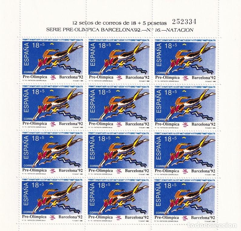 Sellos: Edifil MP 18 - Minipliego completo 12 sellos - Serie pre-ol&iacute;mpica Barcelona 92 - N&ordm; 16 Nataci&oacute;n