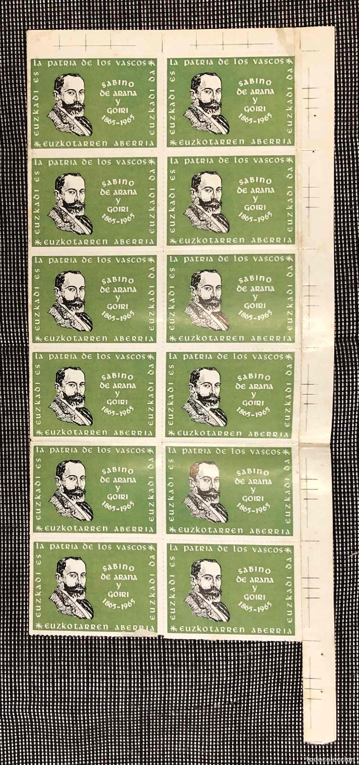 Sellos: PLIEGO 12 SELLOS EUZKADI ES LA PATRIA DE LOS VASCOS SABINO DE ARANA Y GOIRI 1865-1965