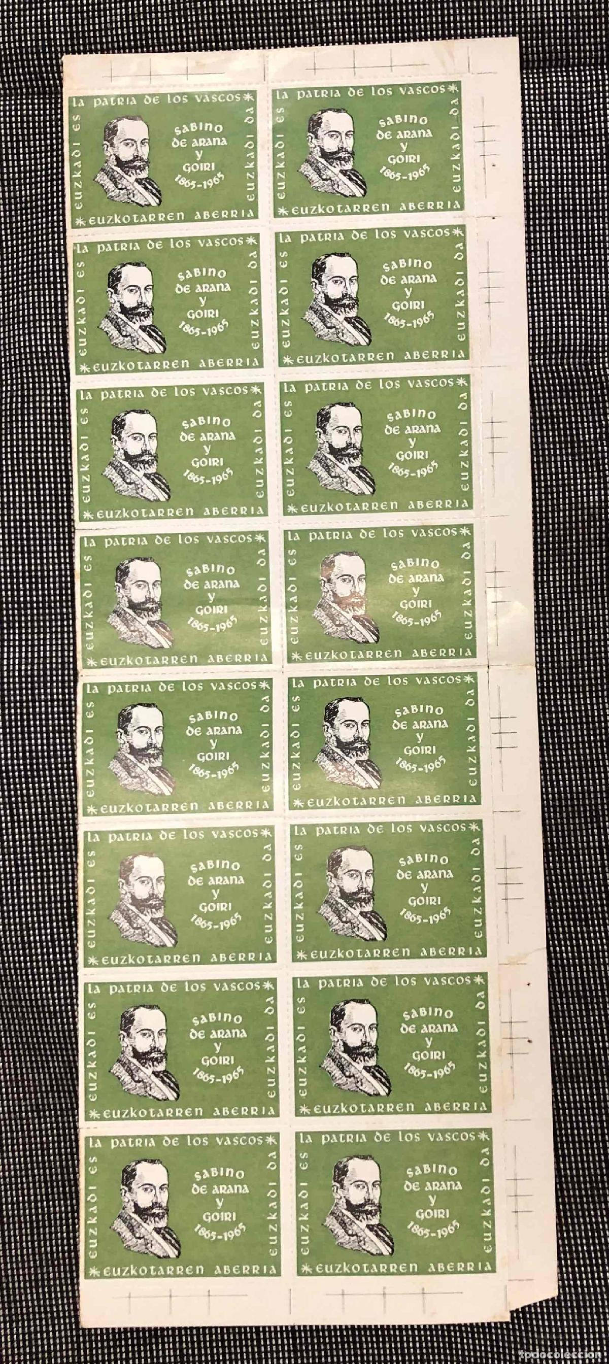Sellos: PLIEGO 16 SELLOS EUZKADI ES LA PATRIA DE LOS VASCOS SABINO DE ARANA Y GOIRI 1865-1965