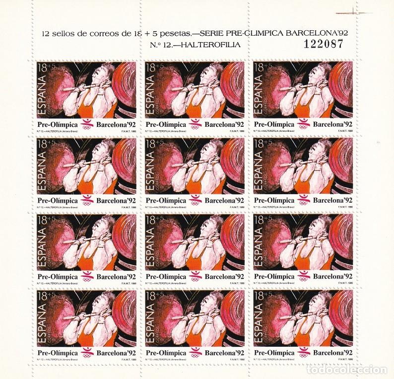 Sellos: Edifil MP 10 - Minipliego completo 12 sellos - Serie pre-ol&iacute;mpica Barcelona 92 - N&ordm; 12 Halterofilia