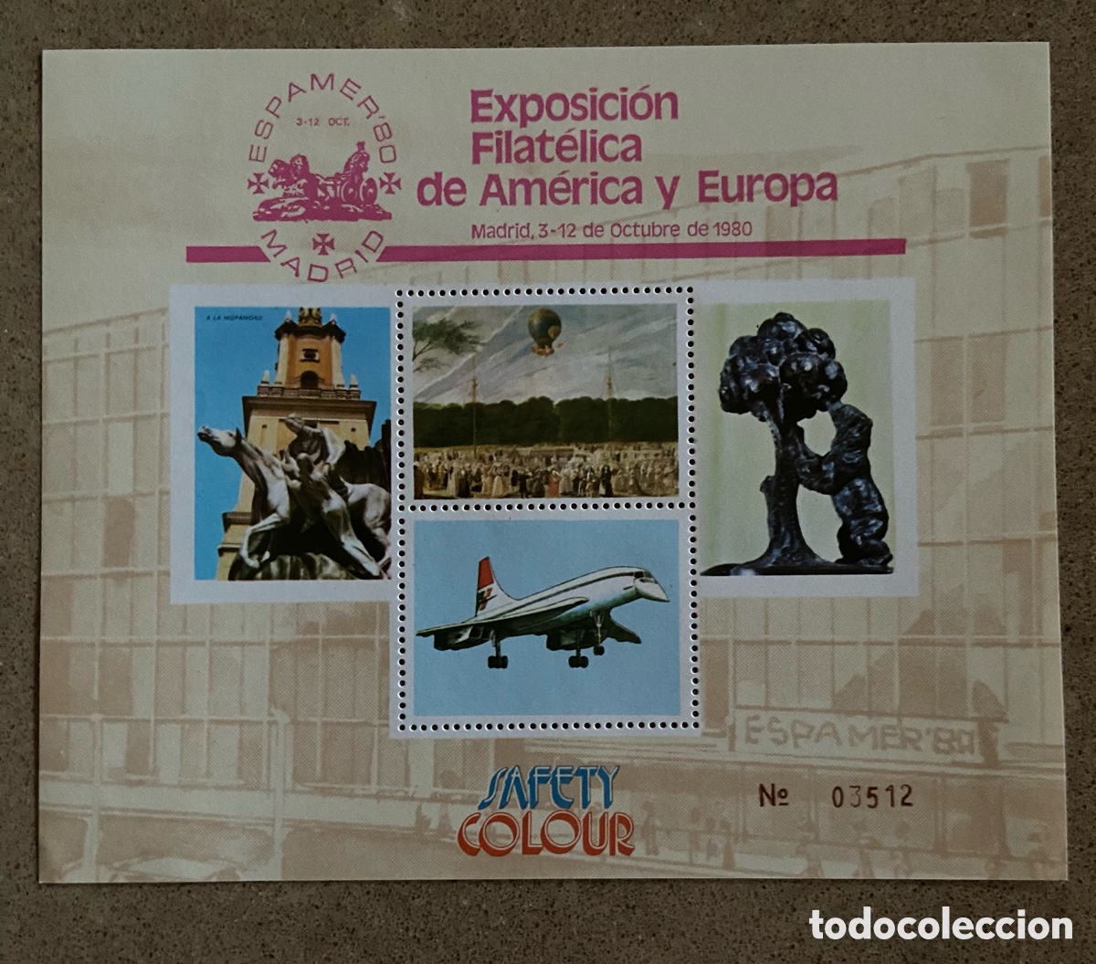 Sellos: HOJITA RECUERDO ESPAMER 80 MADRID. AVIACI&Oacute;N CONCORDE