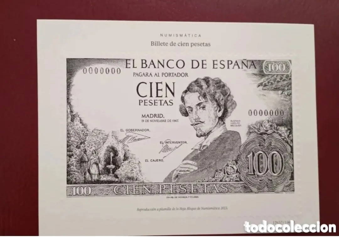 Sellos: ESPA&Ntilde;A 2023 - PRUEBA A PLUMILLA DEL LIBRO VALORES EN EL TIEMPO - NUMISM&Aacute;TICA BILLETE DE CIEN PESETAS