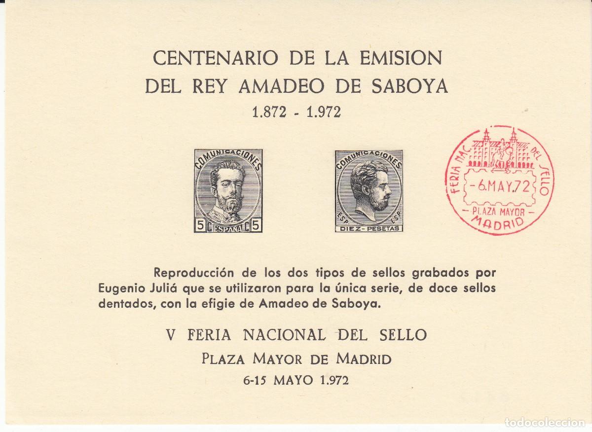 Sellos: HOJA RECUERDO - 1972 - CENTENARIO EMISI&Oacute;N REY AMADEO DE SABOYA - --MUY RARA------