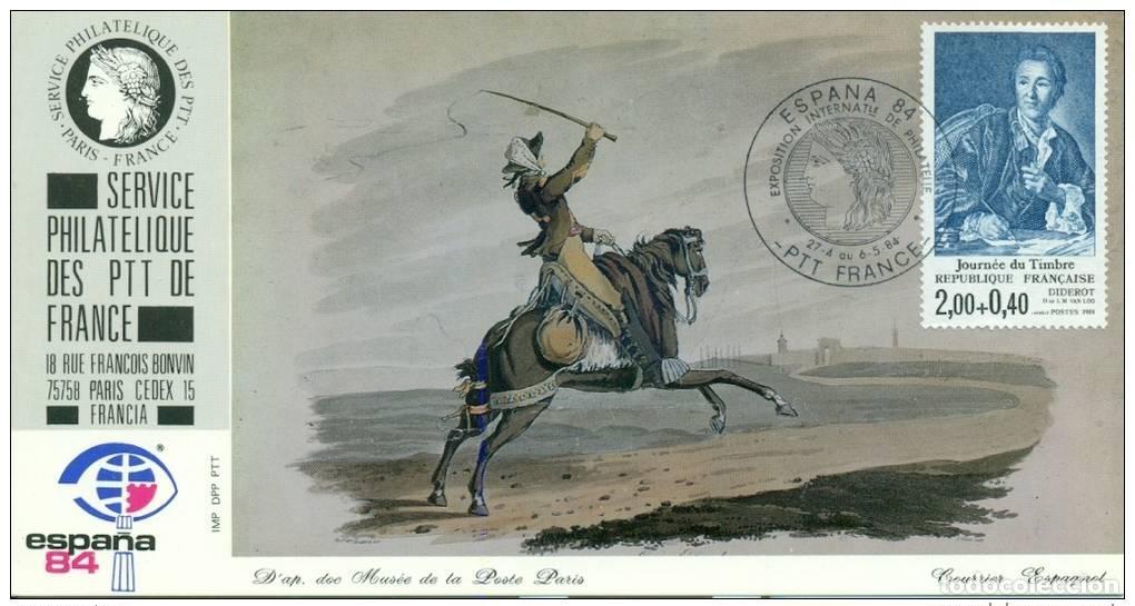 Sellos: 001 Exposici&oacute;n oficial de tarjetas Madrid 1984 FDC Francia Museo del Caballo y Oficina Correos