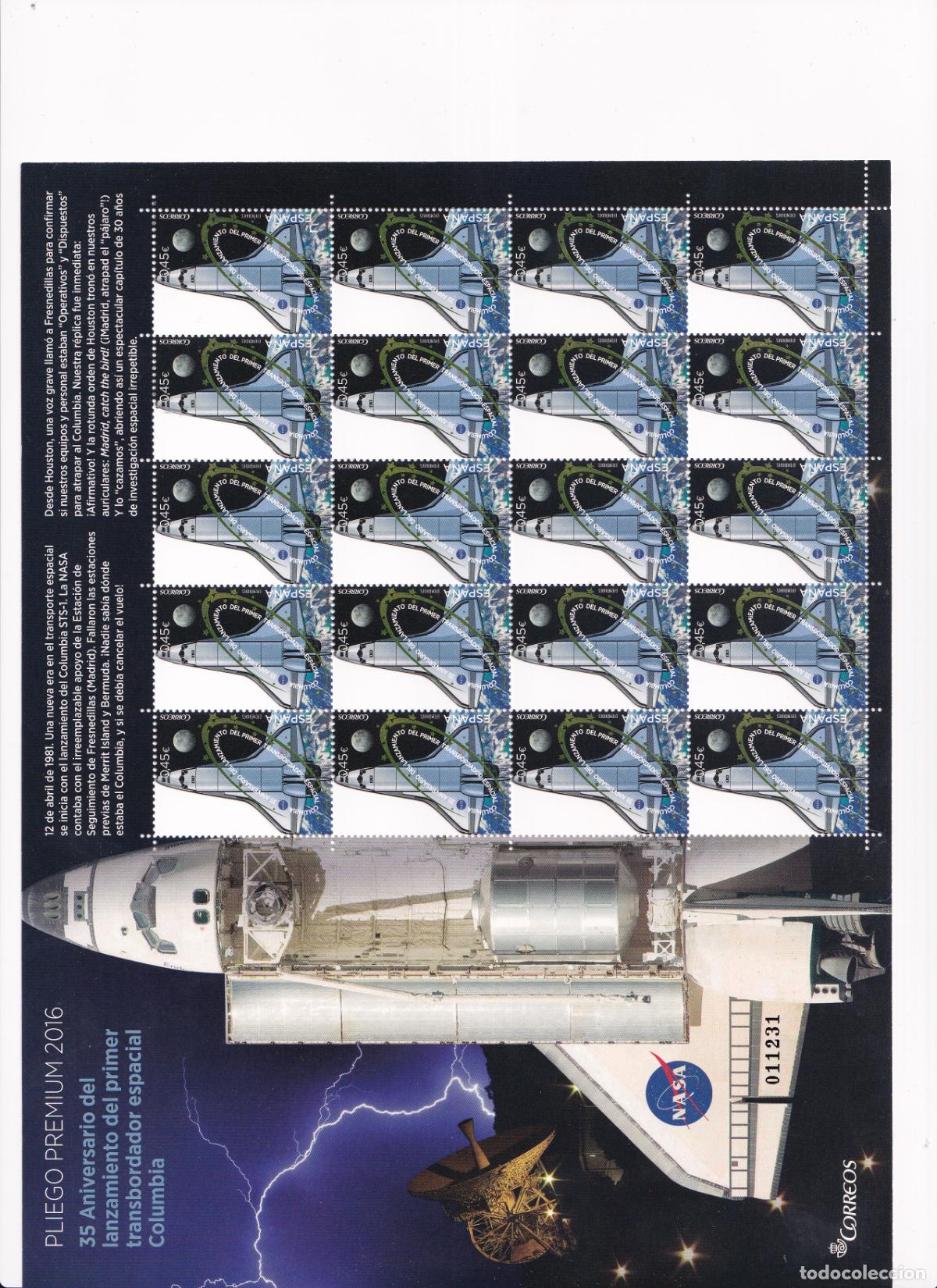 Stamps: Sellos Espa&ntilde;a bonito pliego premium a&ntilde;o 2016 35&ordm; Aniversario lanzamiento primer transbordador