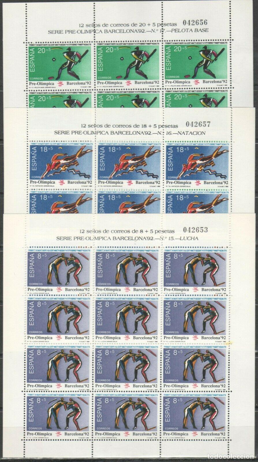 Briefmarken: Sellos Espa&ntilde;a A&ntilde;o 1990 minipliego n&ordm;17/19 Barcelona 92 Lucha, nataci&oacute;n y pelota valor catalogo 13,85