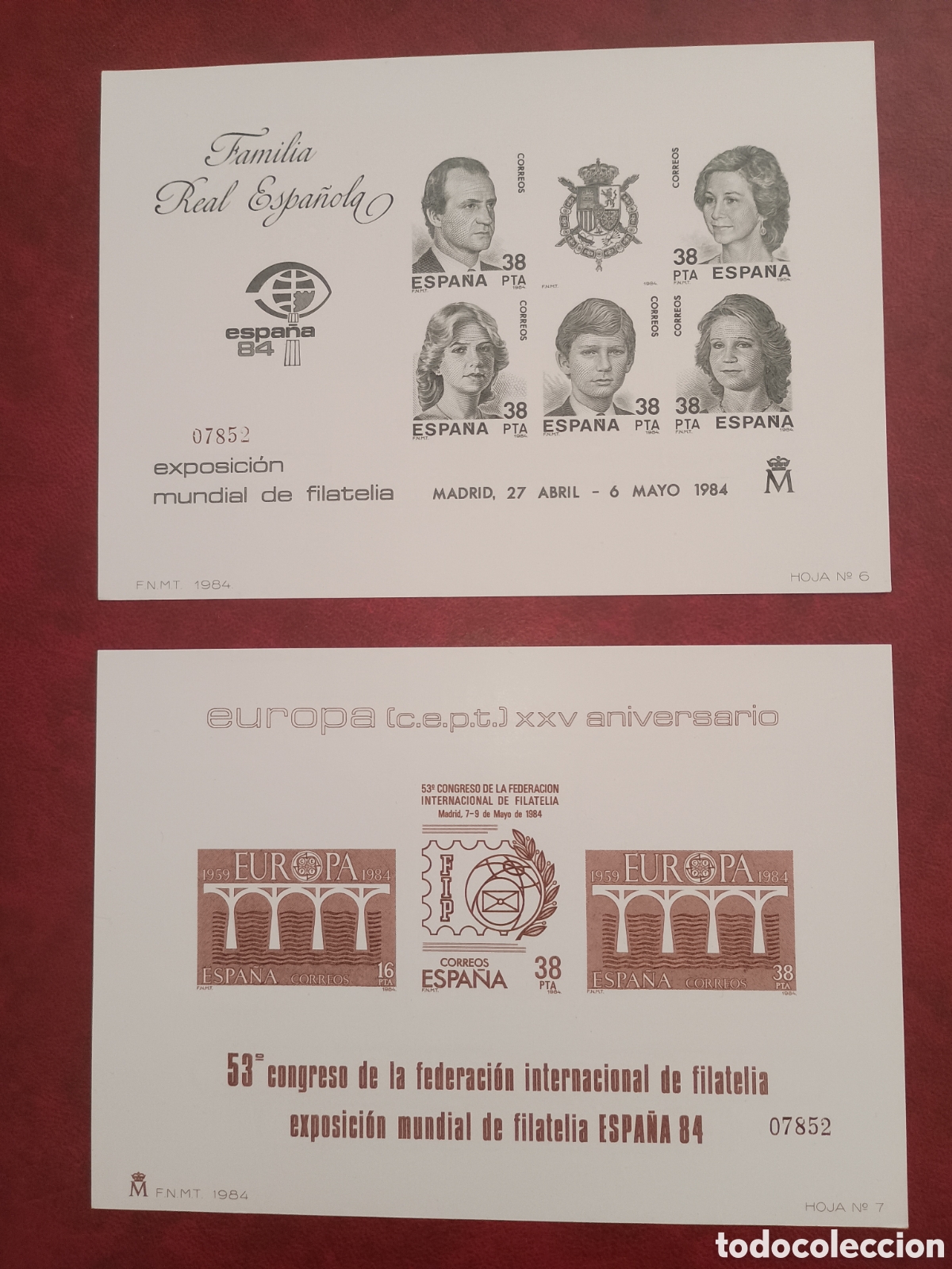 Sellos: ESPA&Ntilde;A 1984 - PRUEBAS DE LUJO EDIFIL 6/7 MISMA NUMERACI&Oacute;N - EXPOSICI&Oacute;N MUNDIAL DE FILATELIA