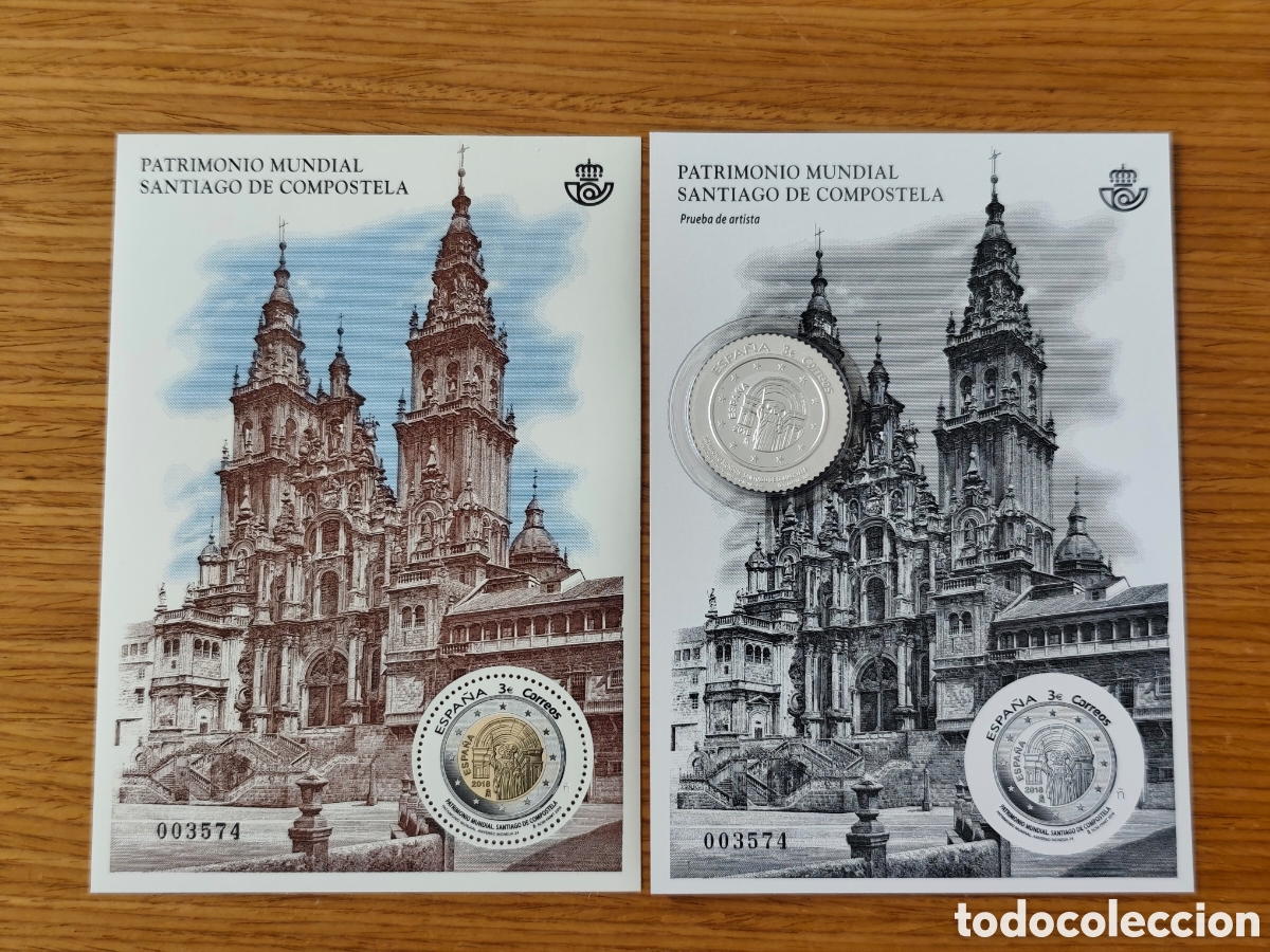 Timbres: Espa&ntilde;a 2018 hoja bloque y prueba artista Casco Antiguo de Santiago de Compostela