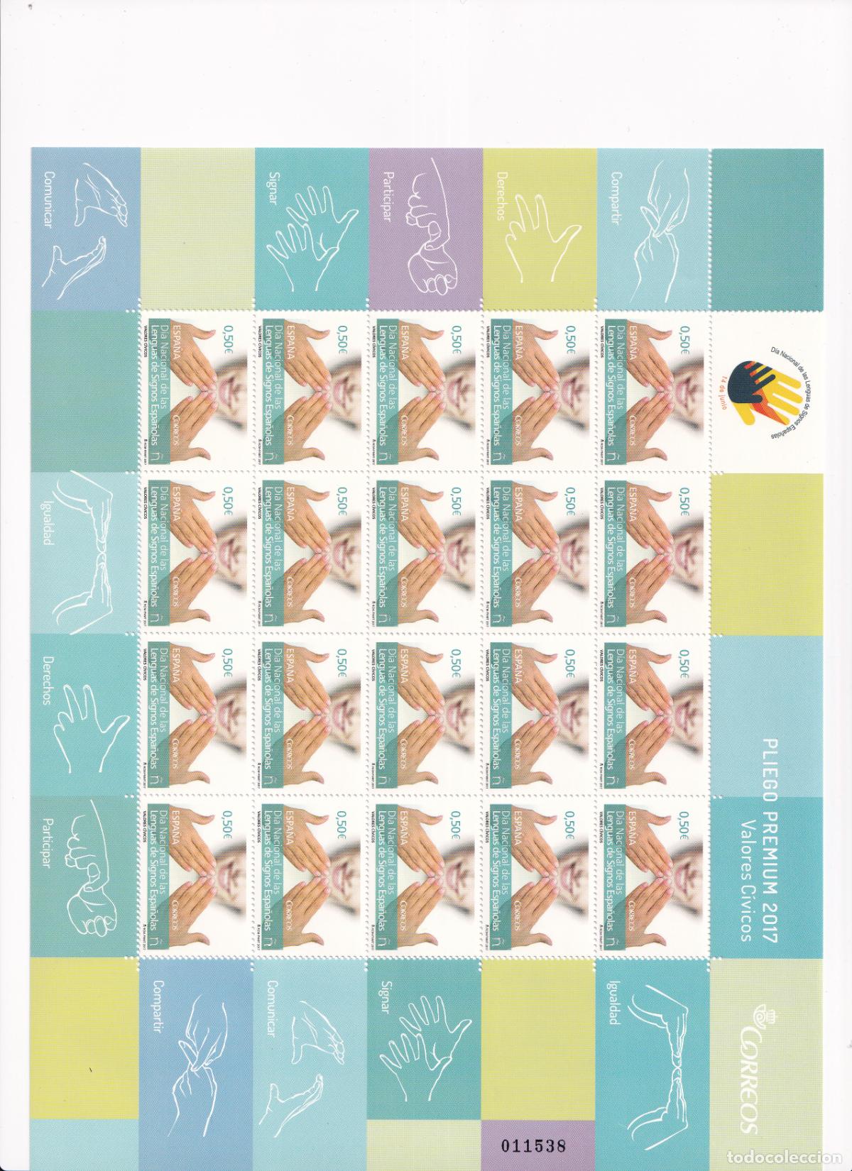 Briefmarken: PP51 Sellos Espa&ntilde;a bonito pliego premium a&ntilde;o 2017 Valores civicos Lengua de signos espa&ntilde;oles