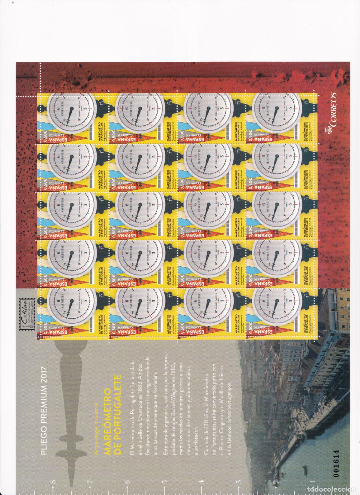 Briefmarken: PP55 Sellos Espa&ntilde;a bonito pliego premium a&ntilde;o 2017 Mareometro de Portugalete