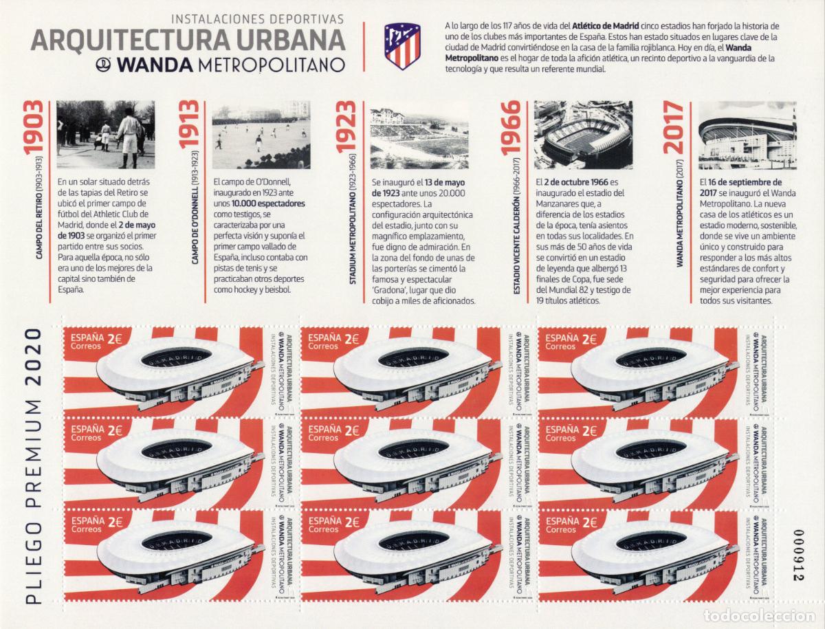 Briefmarken: PP96 Sellos Espa&ntilde;a bonito pliego premium a&ntilde;o 2020 intalaciones deportivas Wanda Metropolitano