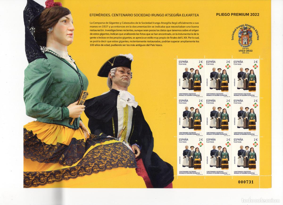 Briefmarken: PP127 Sellos Espa&ntilde;a bonito pliego premium a&ntilde;o 2022 Efem&eacute;rides. Centenario Sociedad Irungo Atsegi&ntilde;