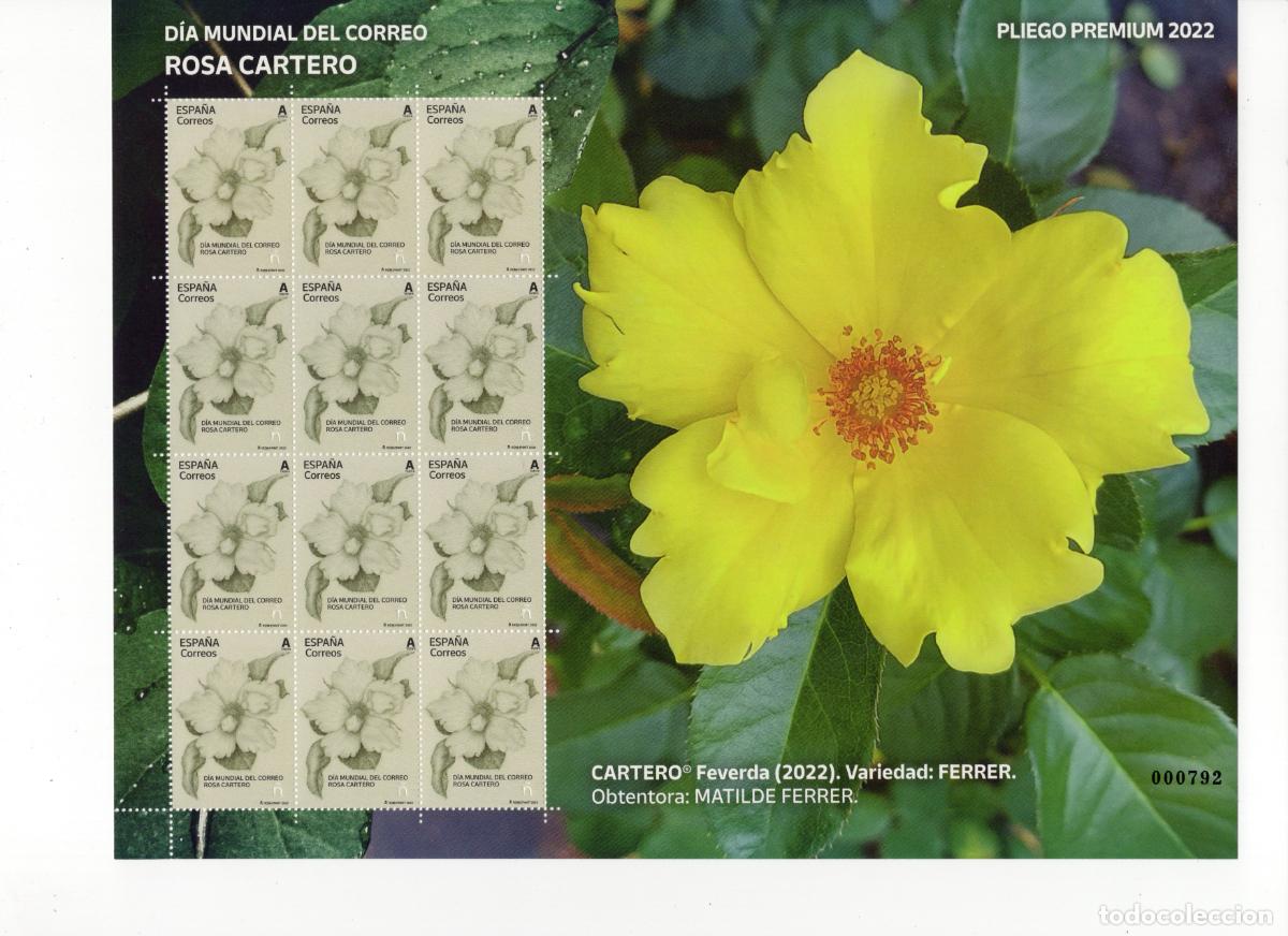 Briefmarken: PP128 Sellos Espa&ntilde;a bonito pliego premium a&ntilde;o 2022 D&iacute;a Mundial del Correo. Rosa cartero Tarifa A M