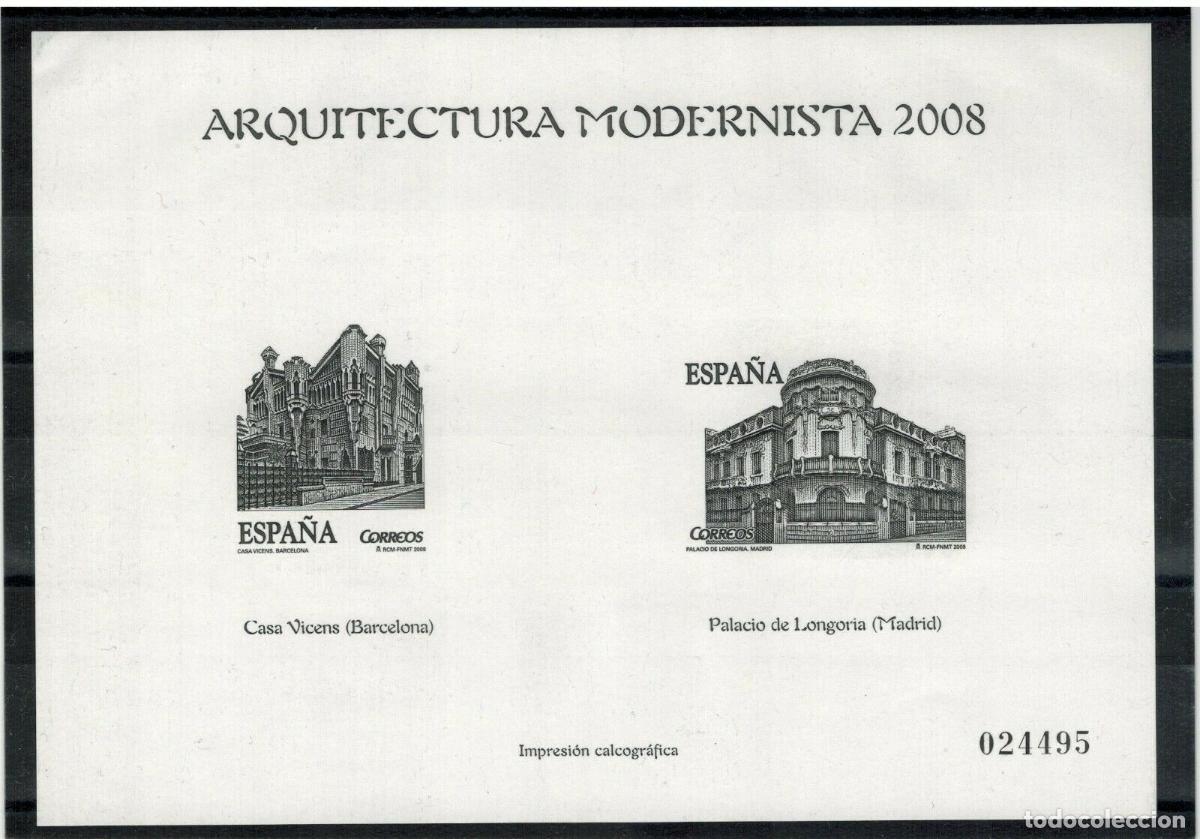 Stamps: Sellos Espa&ntilde;a a&ntilde;o 2008 prueba calcografica Arquitectura Modernista